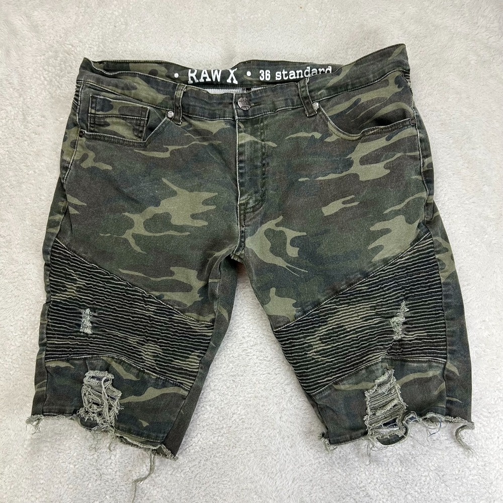 Vintage Raw X Moto Shorts Mens 36 Standard Green Camouflage Distressed 5-Pocket